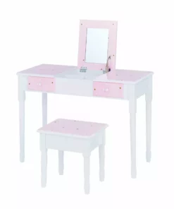 TeamsonUS Fantasy Fields Kids Kate Twinkle Star Vanity Set With Foldable Mirror And Chair, Pink/White