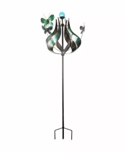 TeamsonUS Teamson Home Outdoor Solar Tulip And Butterfly Kinetic Windmill Sculpture With LED Light, Teal