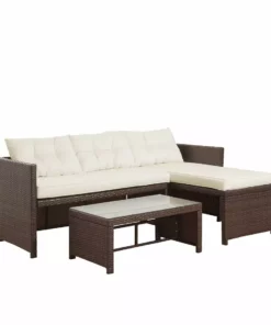 TeamsonUS Teamson Home Outdoor 3-Piece Rattan Patio Sectional Set With Loveseat, Chaise Lounge And Coffee Table, Brown/White
