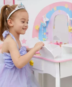TeamsonUS Fantasy Fields Little Dreamer Rainbow Unicorn Vanity Table Set With Mirror And Stool, White Kids