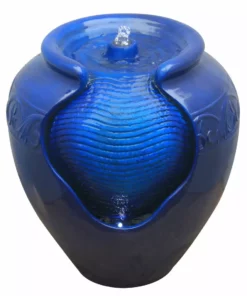 TeamsonUS Teamson Home Outdoor Glazed Pot Floor Fountain With LED Lights, Royal Blue