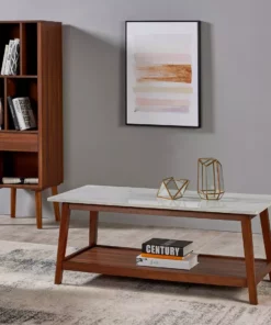 TeamsonUS Teamson Home Kingston Wooden Coffee Table With Storage And Marble-Look Top, Marble/Walnut