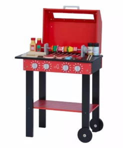 TeamsonUS Teamson Kids Little Helper Wooden Backyard BBQ Grill Playset With 26 Cooking Accessories, Red/Black