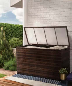 TeamsonUS Teamson Home Outdoor Rattan Wicker 154 Gallon Patio Storage Box With Lining, Brown New