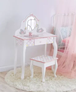 TeamsonUS Fantasy Fields Swan Lake Kids Vanity Table Set With Stool, White/Gray 8 TeamsonUS Fantasy Fields Swan Lake Kids Vanity Table Set With Stool, White/Gray
