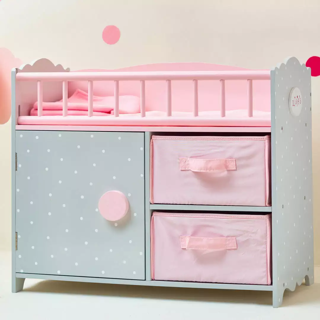 TeamsonUS Olivia's Little World Polka Dots Princess Baby Doll Crib With Storage Closet And Drawers, Gray/Pink Kids 4 TeamsonUS Olivia's Little World Polka Dots Princess Baby Doll Crib With Storage Closet And Drawers, Gray/Pink Kids