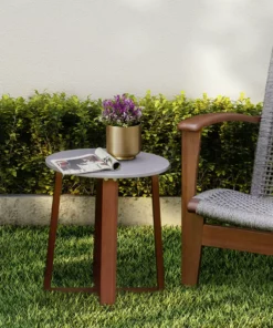 TeamsonUS Teamson Home Outdoor Solid Eucalyptus Wood Patio Side Table With Superstone Cement Top, Gray