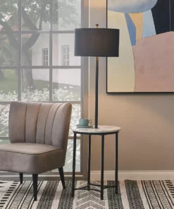 TeamsonUS Teamson Home Shenna Floor Lamp With Faux Marble Tray Table And Built-In USB Port, Black