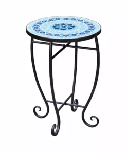 TeamsonUS Teamson Home Small 14" Round Outdoor Mosaic Side Table Planter Stand, Blue