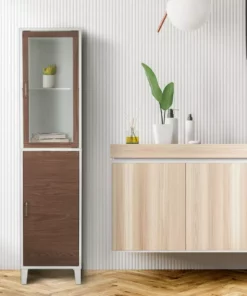 TeamsonUS Teamson Home Tyler Modern Wooden Linen Tower Tall Storage Cabinet With Two Doors, Walnut/White