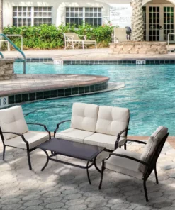 TeamsonUS Teamson Home Outdoor 4-Piece Metal Patio Set With Loveseat, Two Chairs & Table, Black/Beige