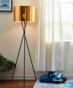 TeamsonUS Teamson Home Cara 62" Modern Metal Tripod Floor Lamp With Drum Shade, Black/Gold