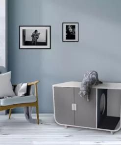 TeamsonUS Teamson Pets Large Dyad Wooden Cat Litter Box Enclosure And Side Table, Alpine White/Gray