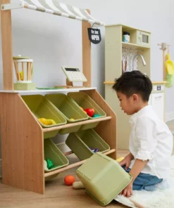 TeamsonUS Teamson Kids Little Helper Wooden Play Farmer's Market Stand With Cash Register And Storage Bins, Natural/Green