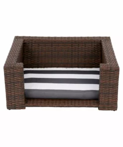 TeamsonUS Teamson Pets Clotho Outdoor Cat Or Small Dog Wicker Bed With Cushion, Walnut/Gray New