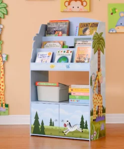 TeamsonUS Fantasy Fields Sunny Safari Kids 3-Tier Wooden Bookshelf With Storage, Multicolor