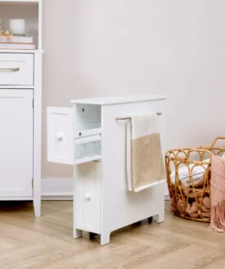 TeamsonUS Teamson Home Narrow Cabinet With Storage Drawers And Towel Bar 6.5" L X 25" H, White