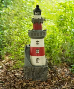 TeamsonUS Teamson Home Outdoor Solar Light House Fountain With Rotating LED Light, Red/White