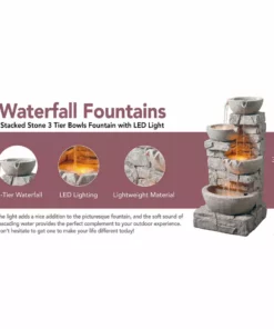 TeamsonUS Teamson Home Stacked Stone Tiered Bowl Waterfall Fountain W/ LED Light, Gray