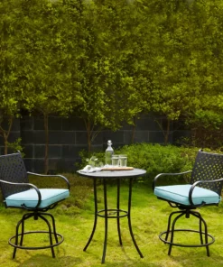 TeamsonUS Teamson Home Outdoor 3 Piece Steel Bar Height Bistro Table And Swivel Chairs With Cushions Set, Black