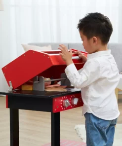 TeamsonUS Teamson Kids Little Helper Wooden Backyard BBQ Grill Playset With 26 Cooking Accessories, Red/Black