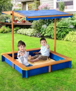 TeamsonUS Teamson Kids 4' Square Solid Wood Sandbox With Rotatable Canopy Cover, Honey/Blue 24 TeamsonUS Teamson Kids 4' Square Solid Wood Sandbox With Rotatable Canopy Cover, Honey/Blue