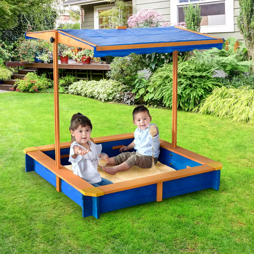 TeamsonUS Teamson Kids 4' Square Solid Wood Sandbox With Rotatable Canopy Cover, Honey/Blue 10 TeamsonUS Teamson Kids 4' Square Solid Wood Sandbox With Rotatable Canopy Cover, Honey/Blue