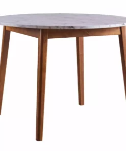 TeamsonUS Teamson Home Ashton Round Marble-Look Dining Table With Wood Base, Marble/Walnut
