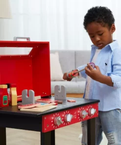 TeamsonUS Teamson Kids Little Helper Wooden Backyard BBQ Grill Playset With 26 Cooking Accessories, Red/Black