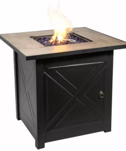 TeamsonUS Teamson Home Outdoor Square 30" Propane Ceramic Gas Fire Pit With Steel Base, Black/Stone