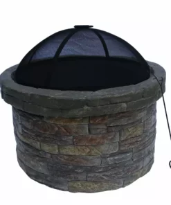 TeamsonUS Teamson Home 27" Outdoor Round Stone Wood Burning Fire Pit With Steel Base, Natural Stone