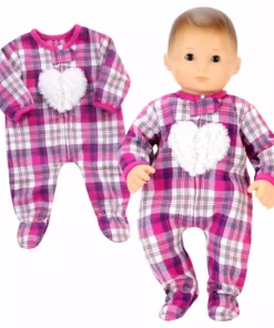 TeamsonUS Kids Sophia's Flannel Sleeper With Sherpa Heart Design For 15'' Dolls, Hot Pink