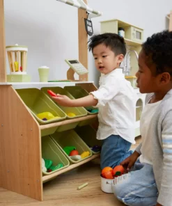 TeamsonUS Teamson Kids Little Helper Wooden Play Farmer's Market Stand With Cash Register And Storage Bins, Natural/Green
