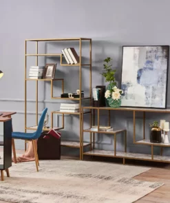 TeamsonUS Teamson Home Marmo Modern Open Air Stand For TVs Up To 60" With Storage Shelves, Faux Marble/Brass