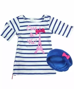 TeamsonUS Kids Sophia's - 18" Doll - Stripe Eiffel Tower Dress & Velour Beret Hat - Royal Blue