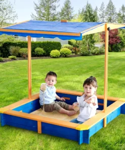 TeamsonUS Teamson Kids 4' Square Solid Wood Sandbox With Rotatable Canopy Cover, Honey/Blue