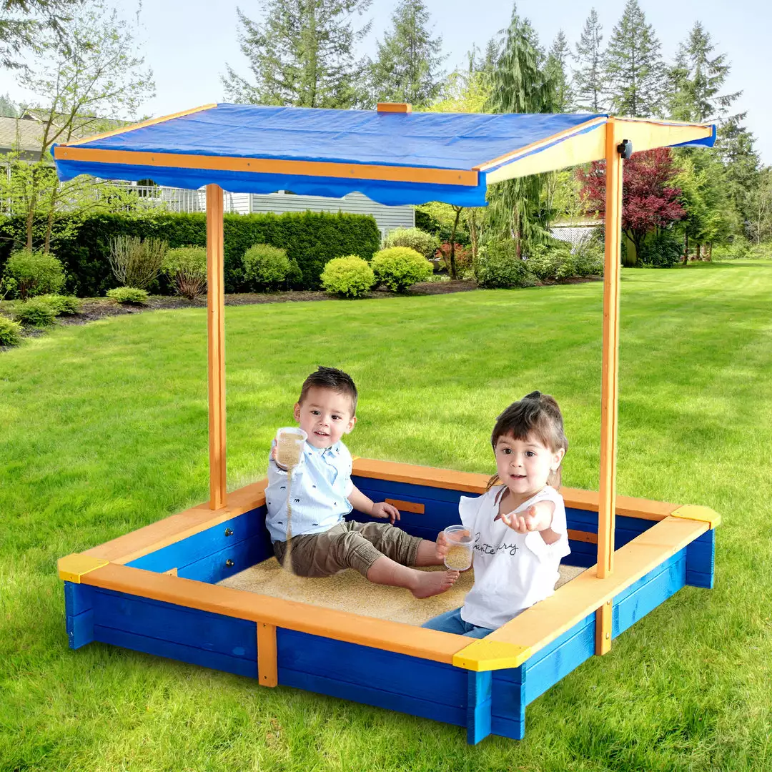 TeamsonUS Teamson Kids 4' Square Solid Wood Sandbox With Rotatable Canopy Cover, Honey/Blue 3 TeamsonUS Teamson Kids 4' Square Solid Wood Sandbox With Rotatable Canopy Cover, Honey/Blue