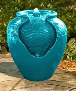 TeamsonUS Teamson Home Outdoor Glazed Pot Floor Fountain With LED Lights, Teal
