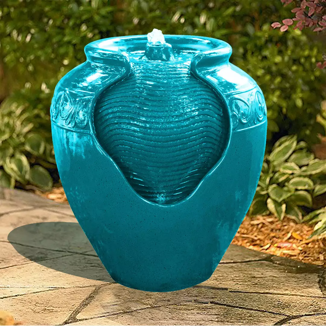 TeamsonUS Teamson Home Outdoor Glazed Pot Floor Fountain With LED Lights, Teal 4 TeamsonUS Teamson Home Outdoor Glazed Pot Floor Fountain With LED Lights, Teal