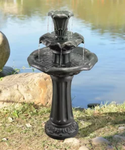 TeamsonUS Teamson Home Outdoor Lily Flower Stone 3-Tier Waterfall Fountain, Gray