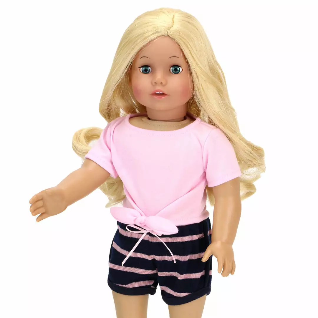 TeamsonUS Sophia's 2 Piece Summer Outfit With Tie Front Tee And Striped Shorts For 18" Dolls, Pink/Navy Kids 6 TeamsonUS Sophia's 2 Piece Summer Outfit With Tie Front Tee And Striped Shorts For 18" Dolls, Pink/Navy Kids