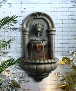 TeamsonUS New Teamson Home Outdoor Tiered Lion Head Stone Wall Waterfall Fountain With LED Light, Black