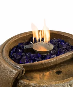 TeamsonUS Teamson Home Large Outdoor Water Fountain Pot With Fire Pit And Fire Glass, Brown New