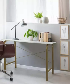 TeamsonUS Teamson Home 40" Home Office Computer Desk With Metal Base, Faux Marble/Brass