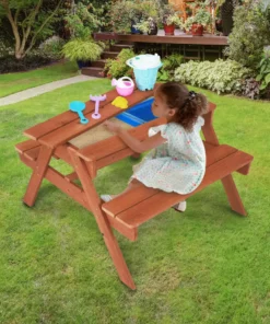 TeamsonUS Teamson Kids Outdoor Wooden Picnic Table With 2 Sensory Bins For Sand/Water Play Plus Accessories, Warm Cherry
