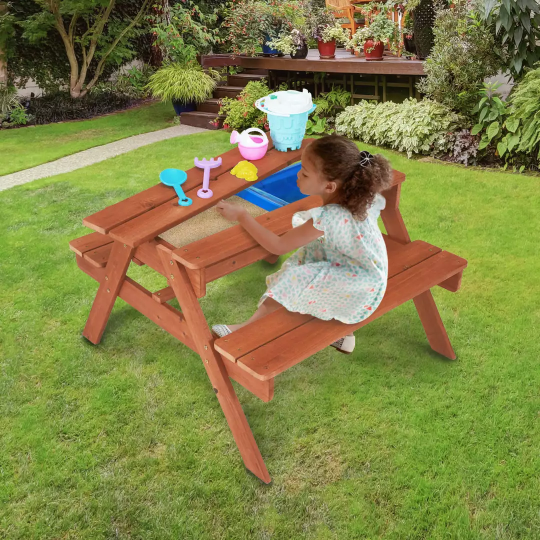 TeamsonUS Teamson Kids Outdoor Wooden Picnic Table With 2 Sensory Bins For Sand/Water Play Plus Accessories, Warm Cherry 3 TeamsonUS Teamson Kids Outdoor Wooden Picnic Table With 2 Sensory Bins For Sand/Water Play Plus Accessories, Warm Cherry