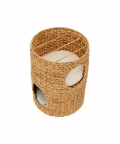 TeamsonUS Teamson Pets Neith Wicker Seagrass 3-Tier Cat Bed Condo With Cushions, Tan/Cream