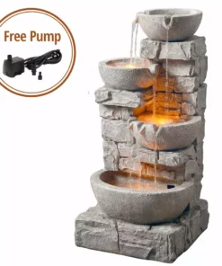 TeamsonUS Teamson Home Stacked Stone Tiered Bowl Waterfall Fountain W/ LED Light, Gray