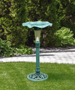 TeamsonUS Teamson Home Decorative Polyresin Lotus Leaf Pedestal Birdbath With LED Light, Green