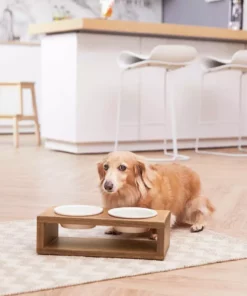 TeamsonUS Teamson Pets Billie Small Elevated Wood Pet Feeder With Ceramic Bowls, Brown New